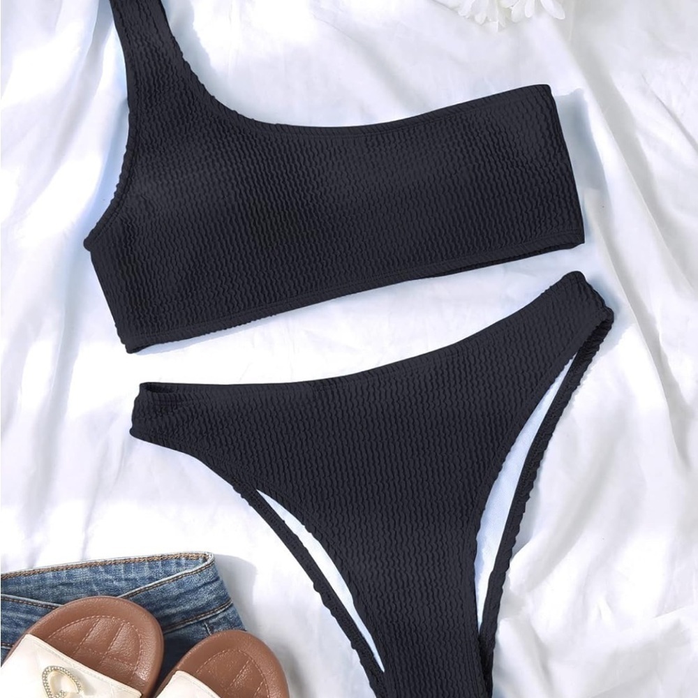 Women's Ribbed Bikini One Shoulder Top Mid waist 2Piece Bathing Suit size XL A90 - Picture 4 of 5